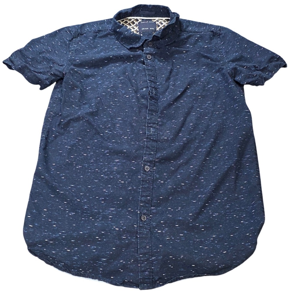 Cactus Boys Button Down‎ Shirt Boy's Size 13/14 Navy Blue Space Dye Short Sleeve